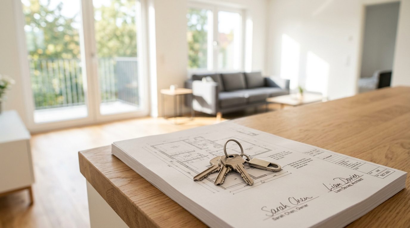 Trousseau de clés d'un appartement neuf posé sur les documents de livraison