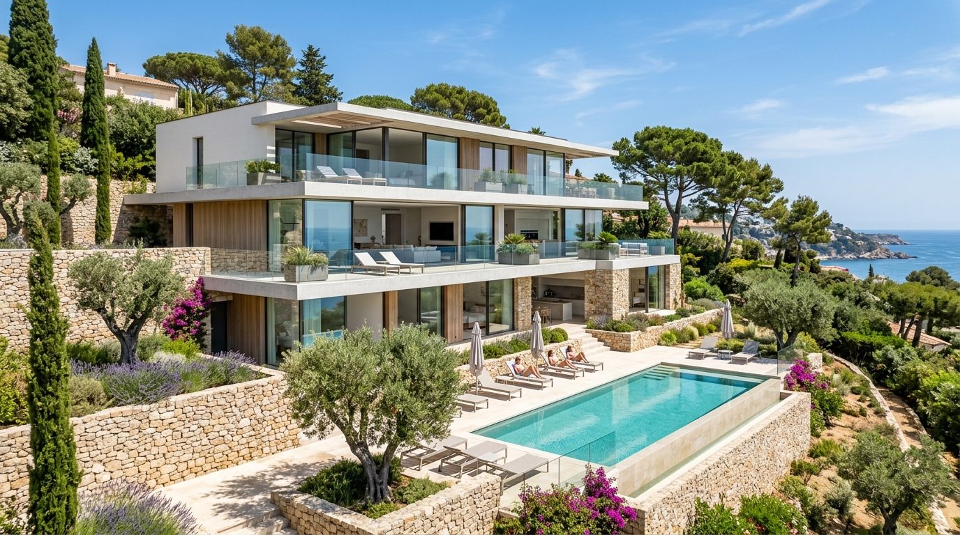 Architecture contemporaine de la résidence Le Domaine de Caudalie à Montferrier-sur-Lez avec piscine et parc paysager