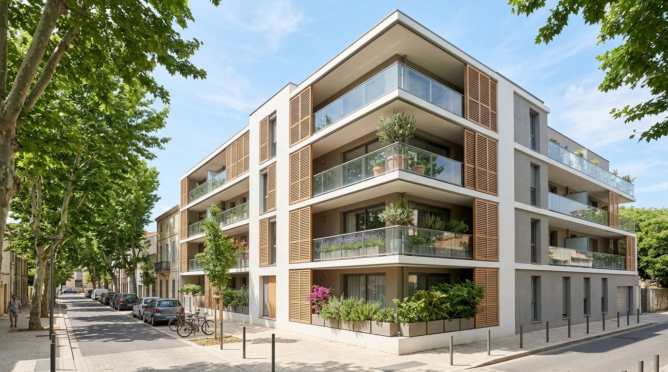 Façade contemporaine de la résidence Version Topaze à Montpellier dans le quartier de la Pompignane