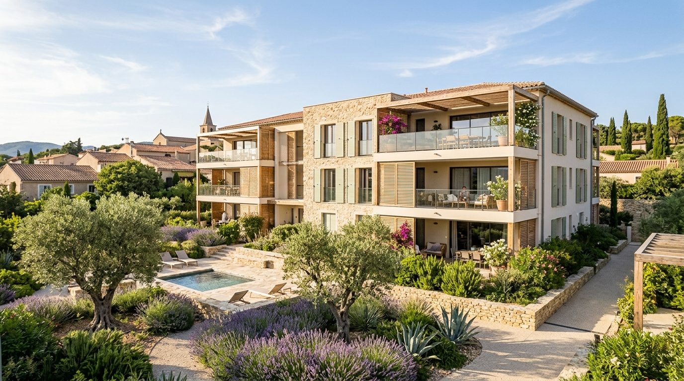 Façade ensoleillée de la résidence La Felicidad à Mauguio avec terrasses et persiennes