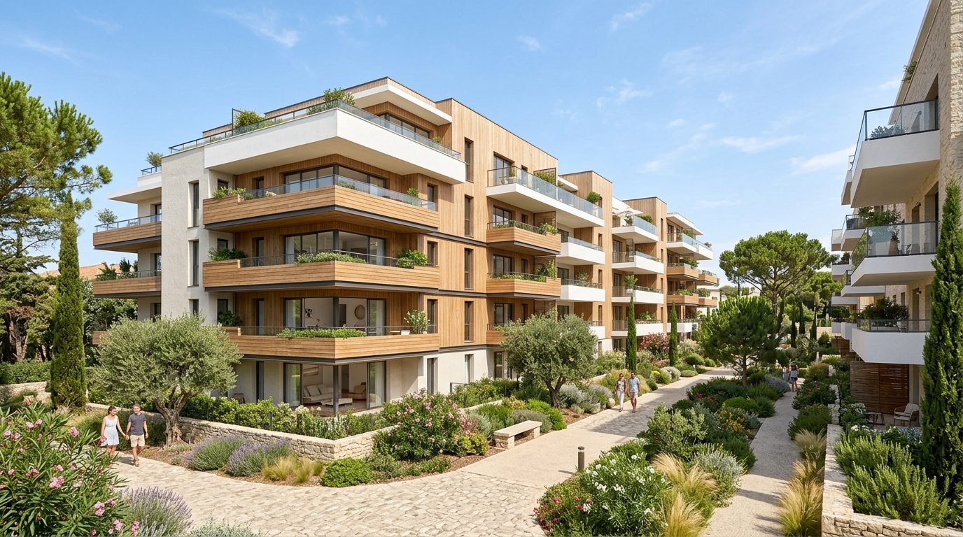 Façade contemporaine de la résidence neuve Pink Garden à Montpellier bordée d'espaces verts