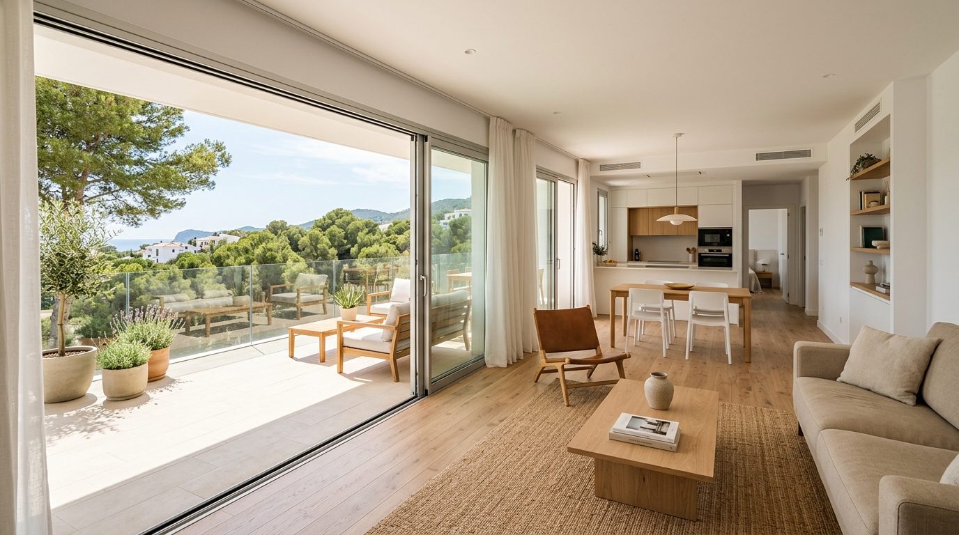 Intérieur lumineux d'un appartement T3 neuf avec terrasse et vue sur la nature