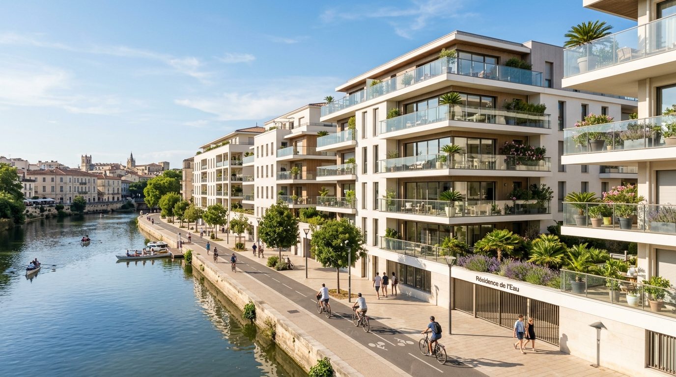 Façade contemporaine de la résidence Nouvelle Rive sur les berges du Lez à Montpellier