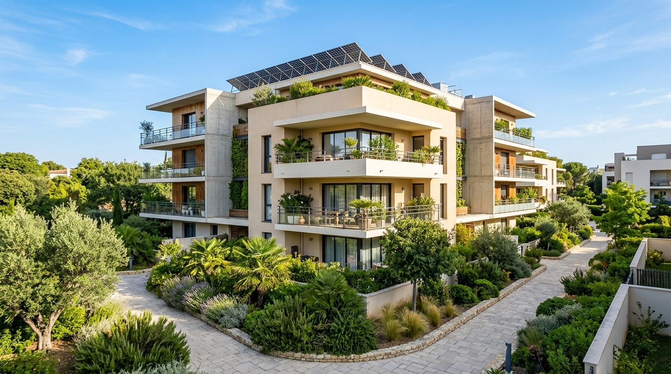 Façade contemporaine et ensoleillée de la résidence Première Pierre à Montpellier Pierrevives