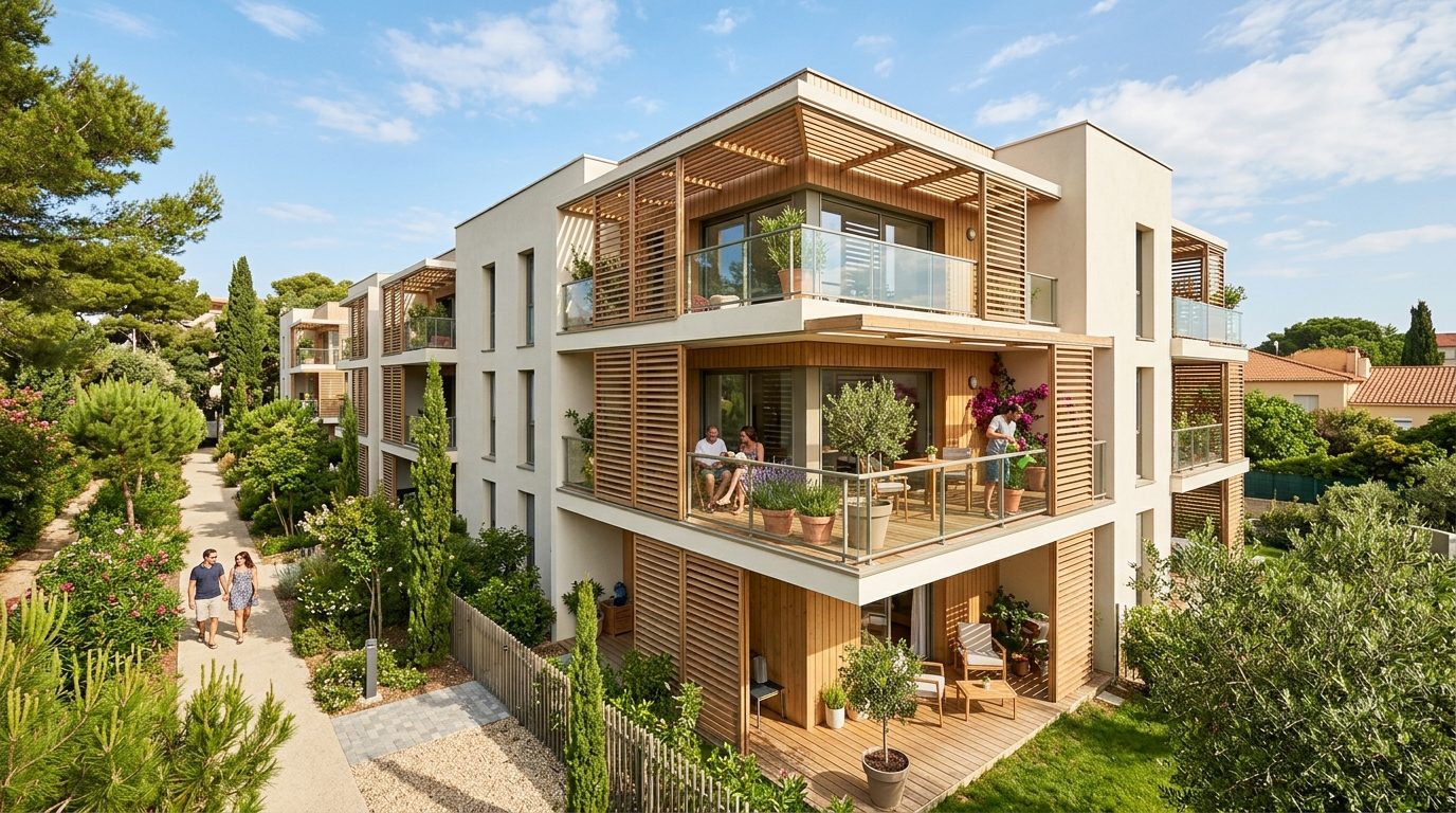 Façade contemporaine et terrasses ensoleillées de la résidence Cosy Park à Montpellier