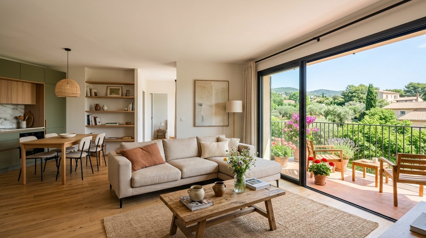 Séjour lumineux d'un appartement T3 neuf avec terrasse près de Montpellier