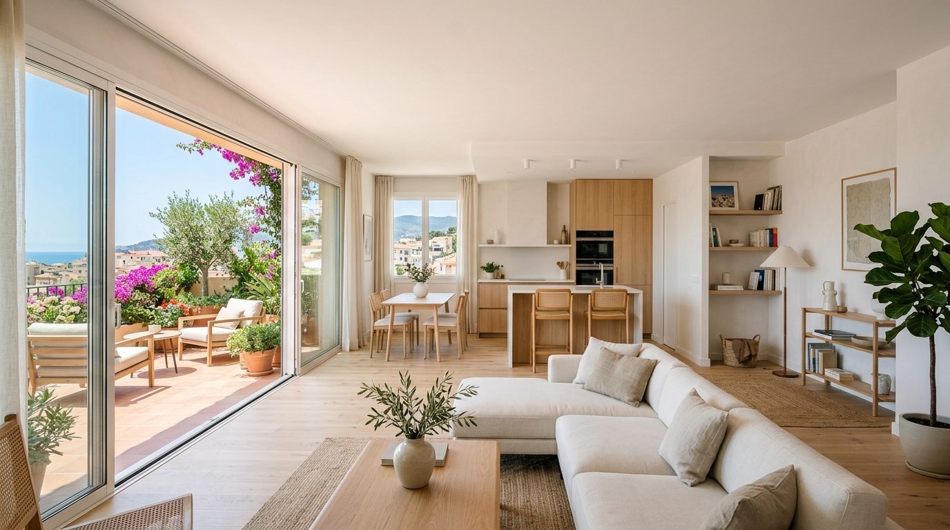 Intérieur moderne et lumineux d'un appartement T3 neuf avec terrasse à Grabels
