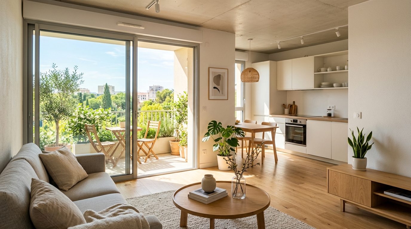 Intérieur lumineux d'un appartement T2 moderne avec loggia ouverte sur la nature
