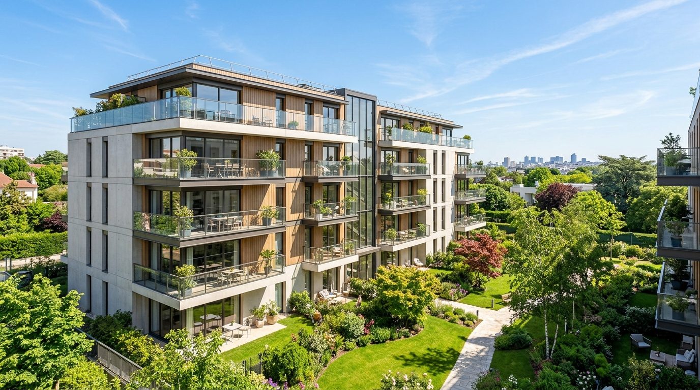 Façade contemporaine de la résidence neuve Carré Nature I avec balcons et espaces verts