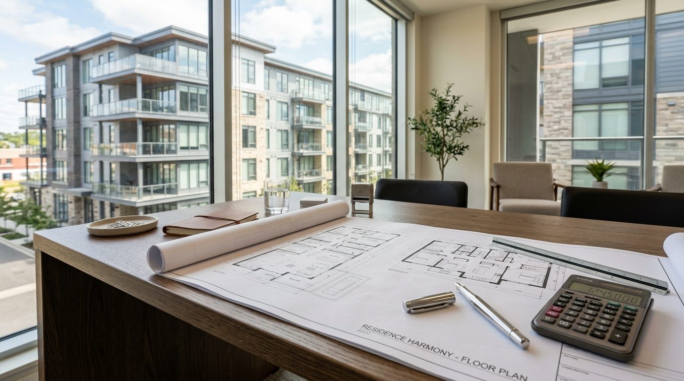 Bureau d'étude notariale avec plans de construction et documents d'acquisition immobilière